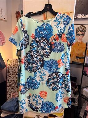 J. Crew Mint Mini Dress with Bold Blue Floral Print